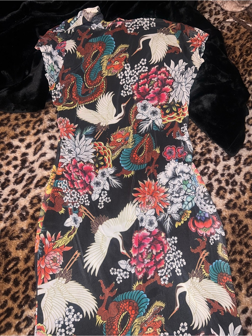 Fashion Nova Black Midi Dress with Multicolor Crane & Dragon Print